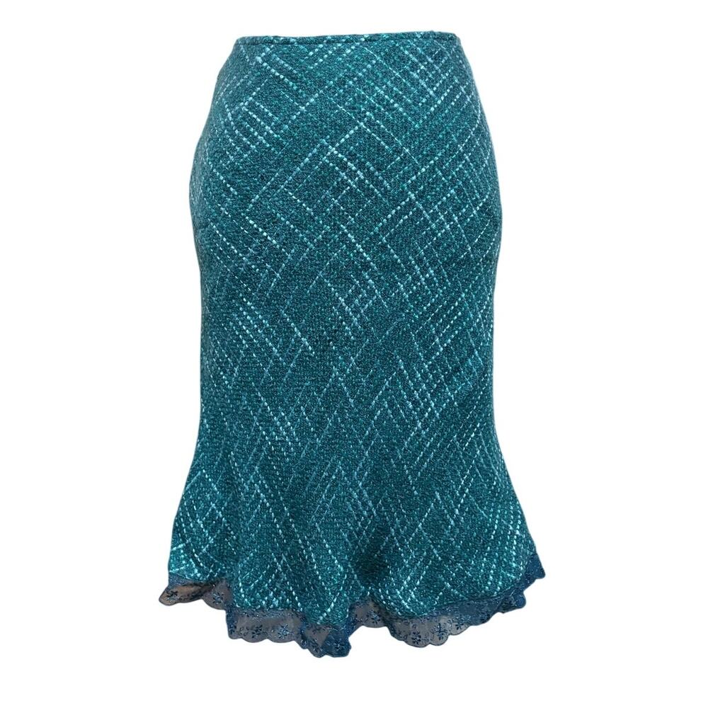 Vintage 90's NWT tweed lace trim pencil skirt teal‎ women's 6 petite twee preppy